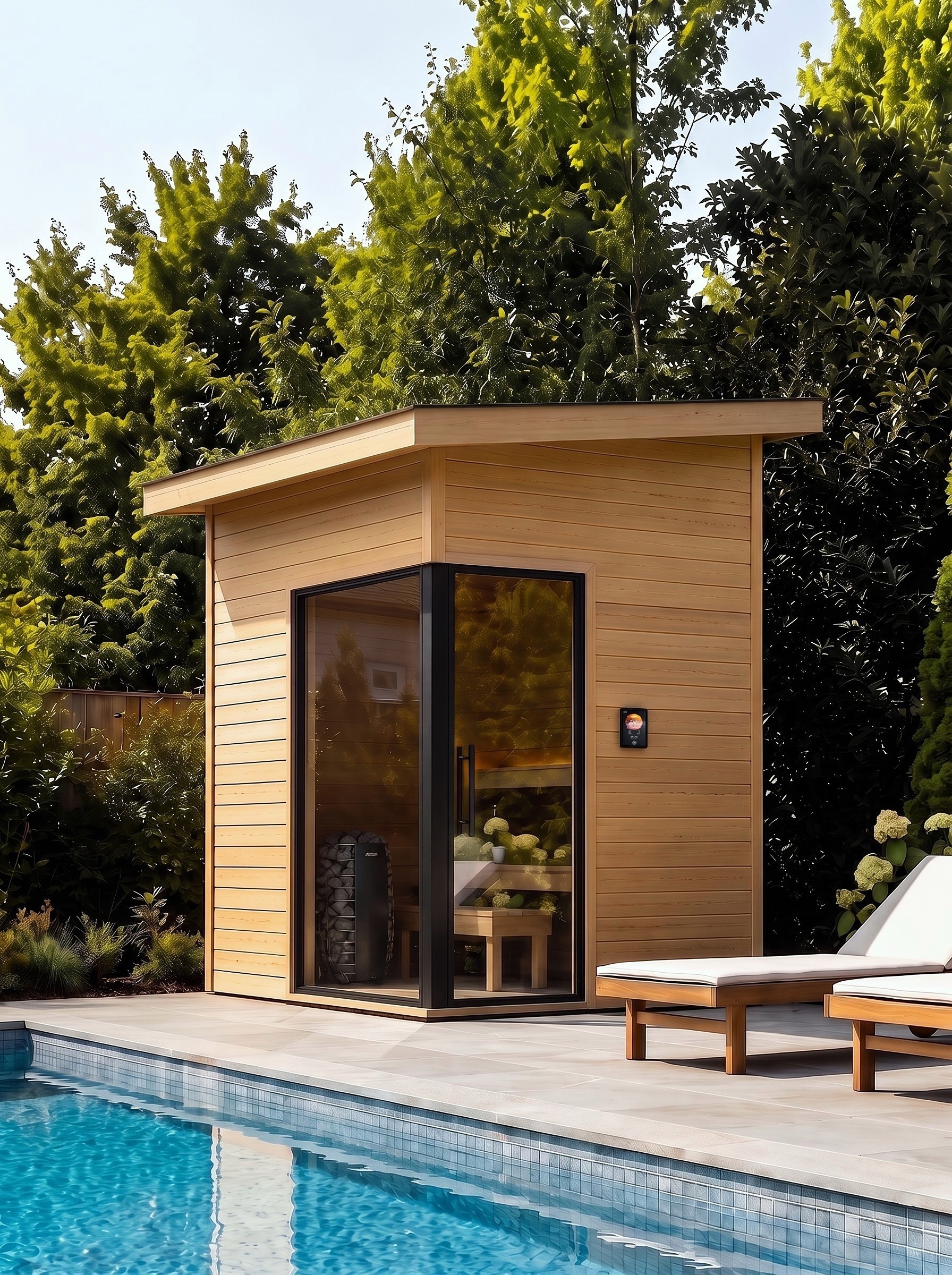 Exterior render of the Southeast Sauna 6x8 beside a landscaped pool